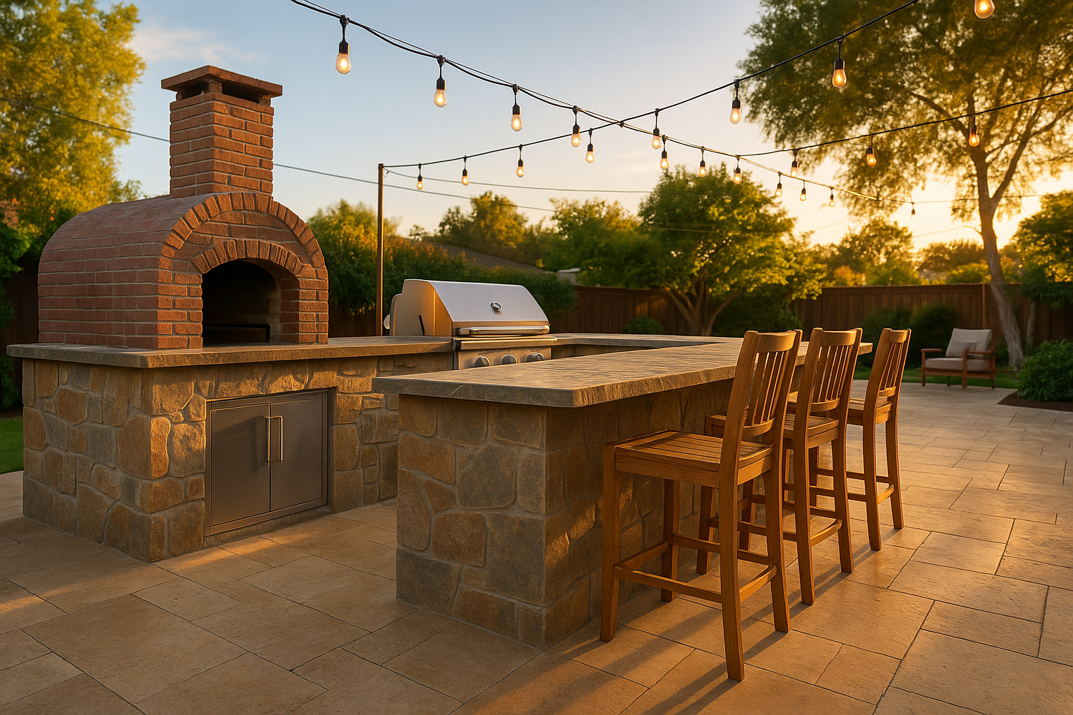 Brick pizza oven and stainless steel grill in a stylish outdoor kitchen in Burbank, California.