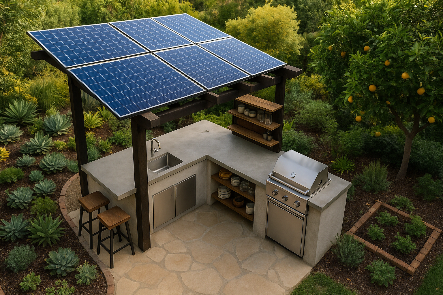 Eco-friendly outdoor kitchen with solar panels and herb garden in a Burbank backyard.