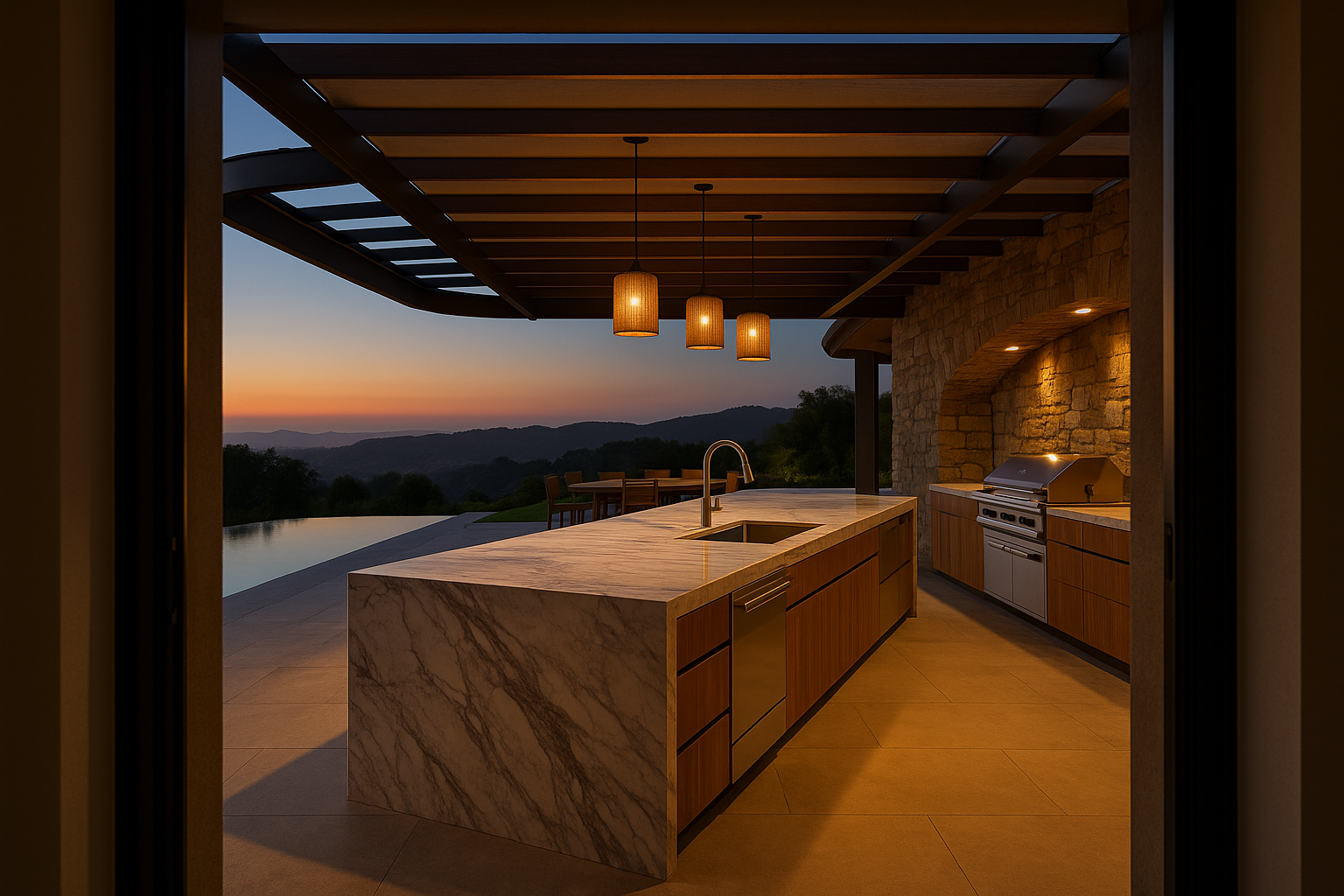 Luxurious outdoor kitchen with Italian marble countertops and infinity pool in Burbank, California.
