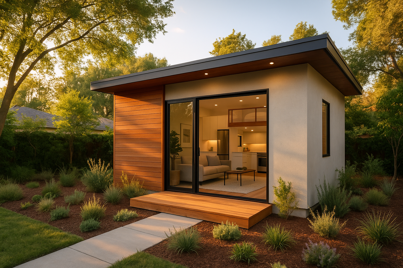 Exterior view of a modern ADU in Sherman Oaks, California, with cedar cladding and floor-to-ceiling windows.