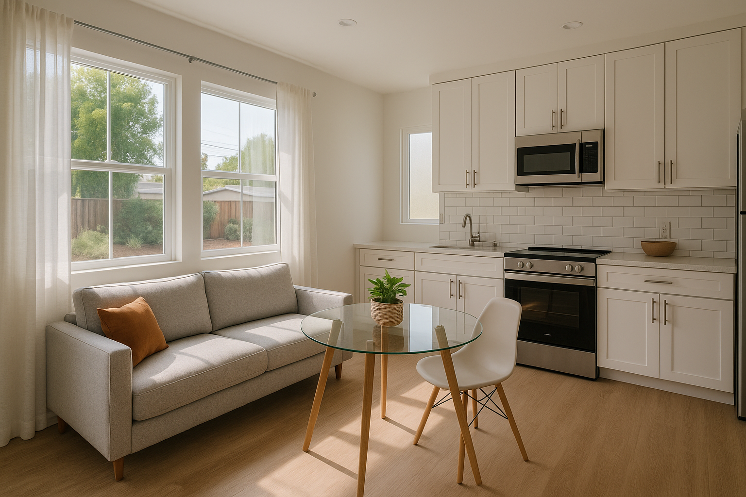 Interior of an ADU living space in Sherman Oaks, with a multifunctional layout and abundant natural light.