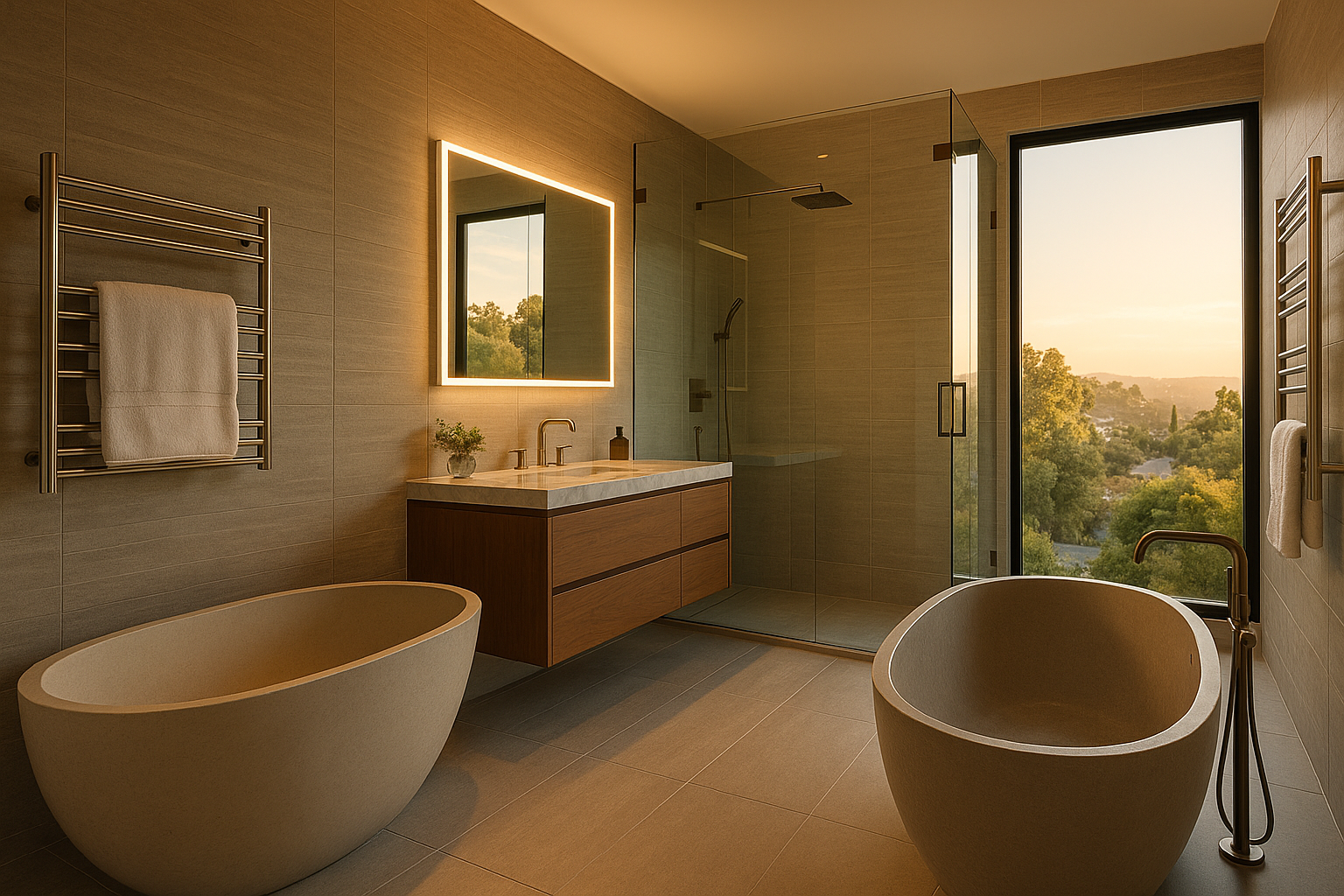 Luxury ADU bathroom in Sherman Oaks, featuring a freestanding stone tub and a rainfall shower.