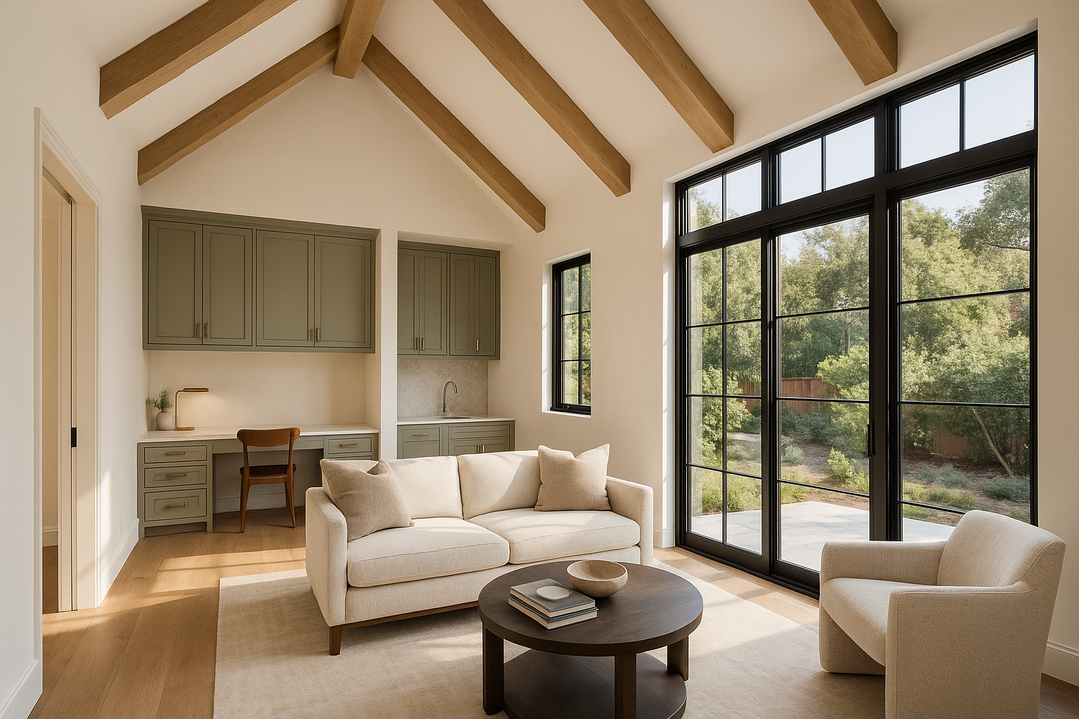 Luxury ADU interior with vaulted ceilings, sage cabinetry, and marble kitchenette in Los Altos, California.