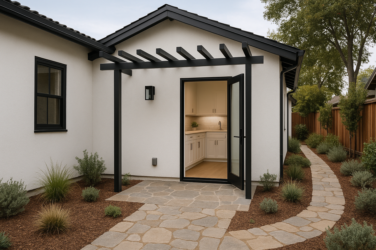 Attached ADU with shared wall design in Sunnyvale, California, showcasing a private entrance and cohesive architecture with the main house.