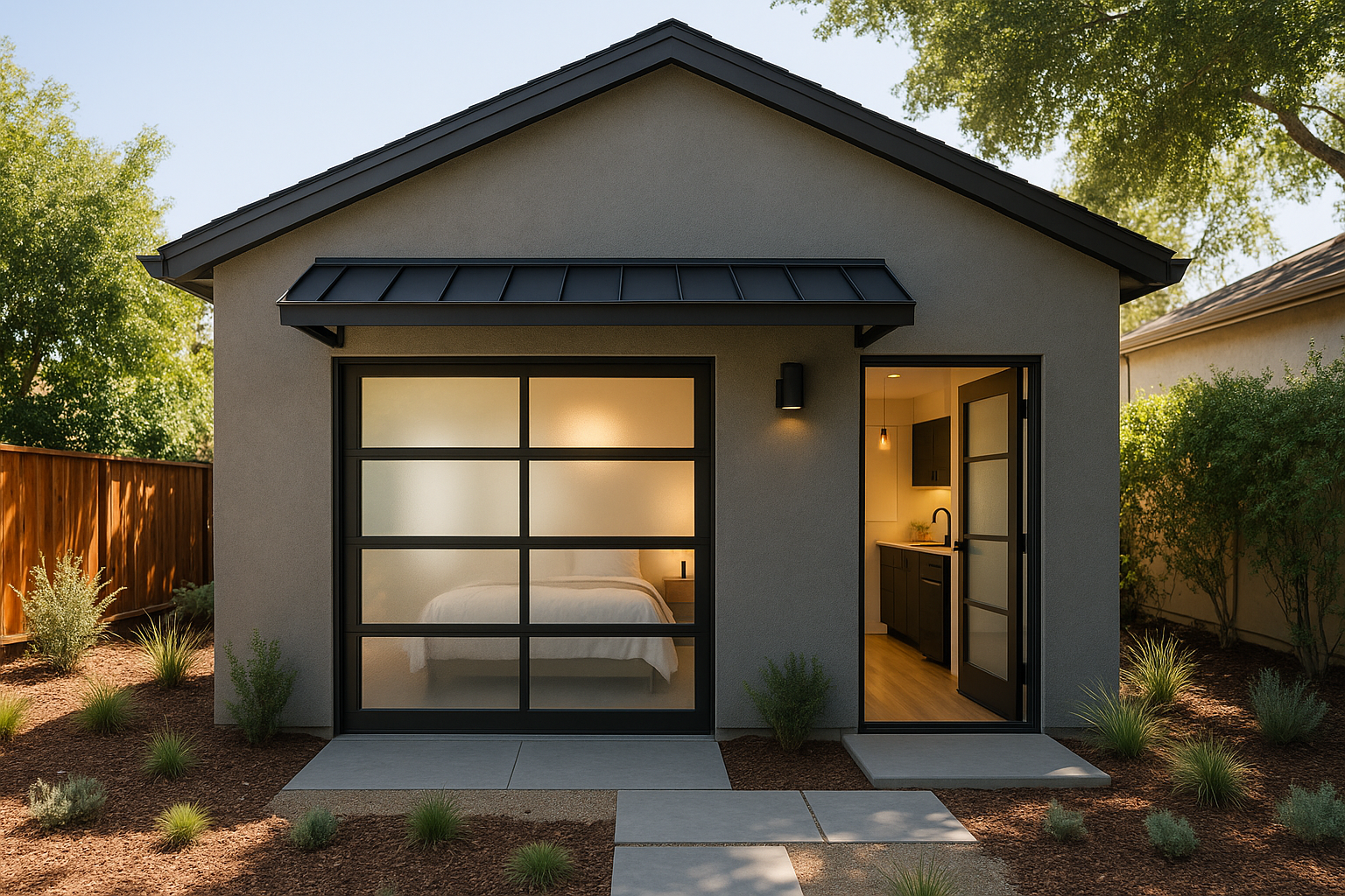 Garage conversion ADU in Sunnyvale, California, featuring a modernized exterior and a stylish studio apartment interior.