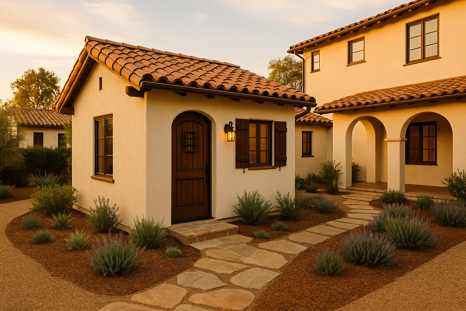 Attached ADU with Spanish-style design in Pasadena, California, featuring terracotta roof tiles and stucco walls.