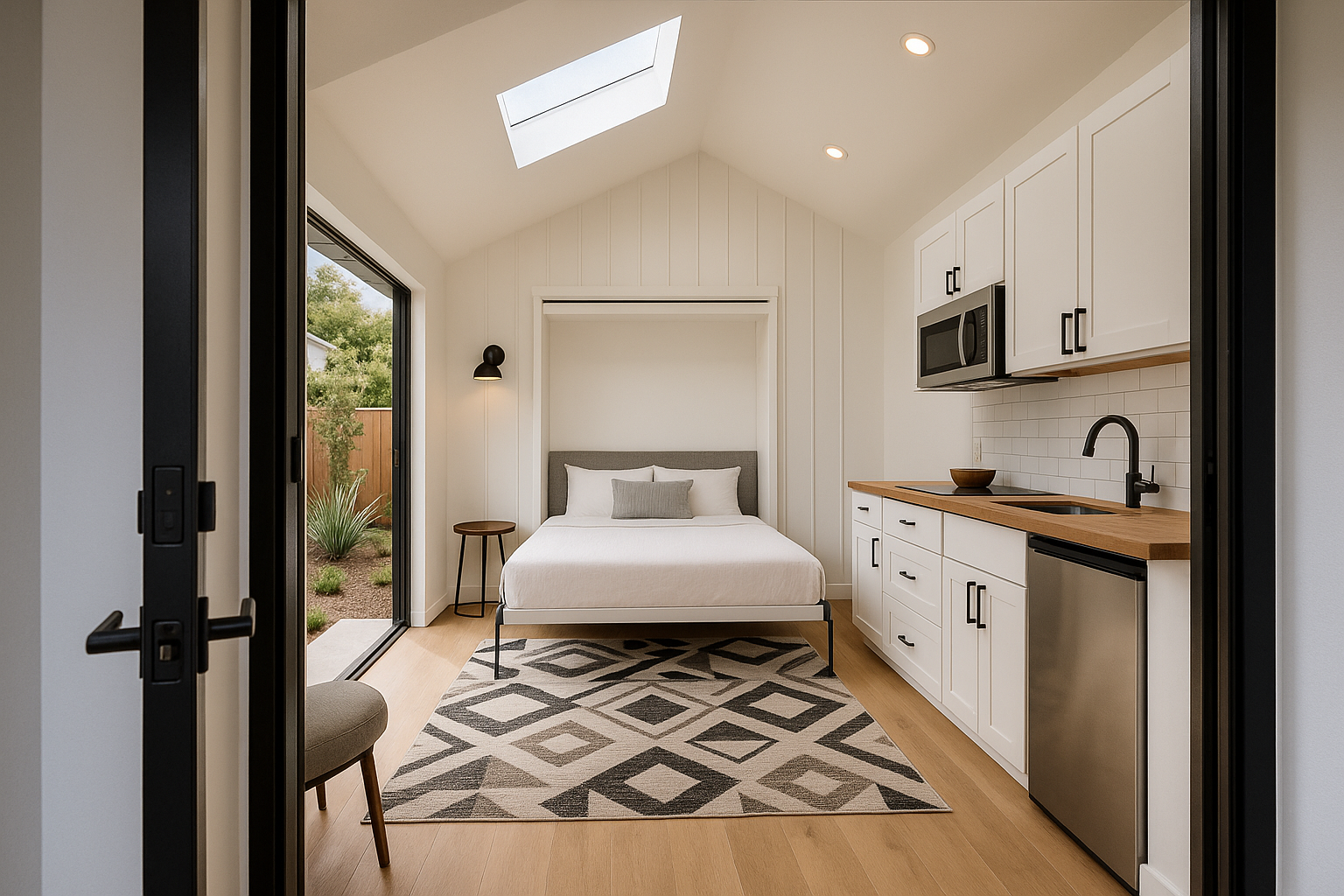 Garage conversion ADU in Culver City, California with modern board-and-batten siding and a bright studio interior.