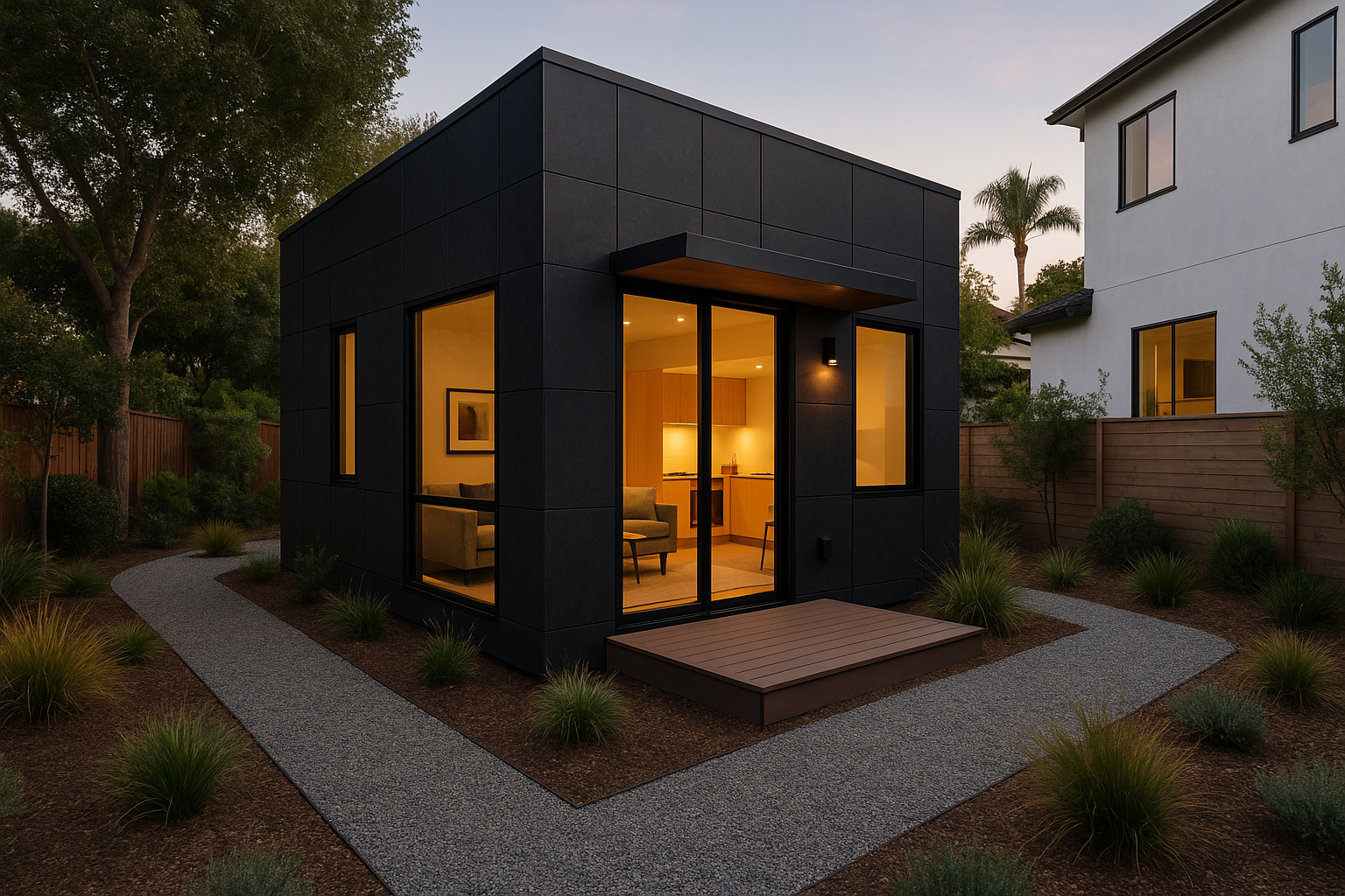 Detached ADU with charcoal fiber cement panels in Santa Monica, California, surrounded by modern landscaping.