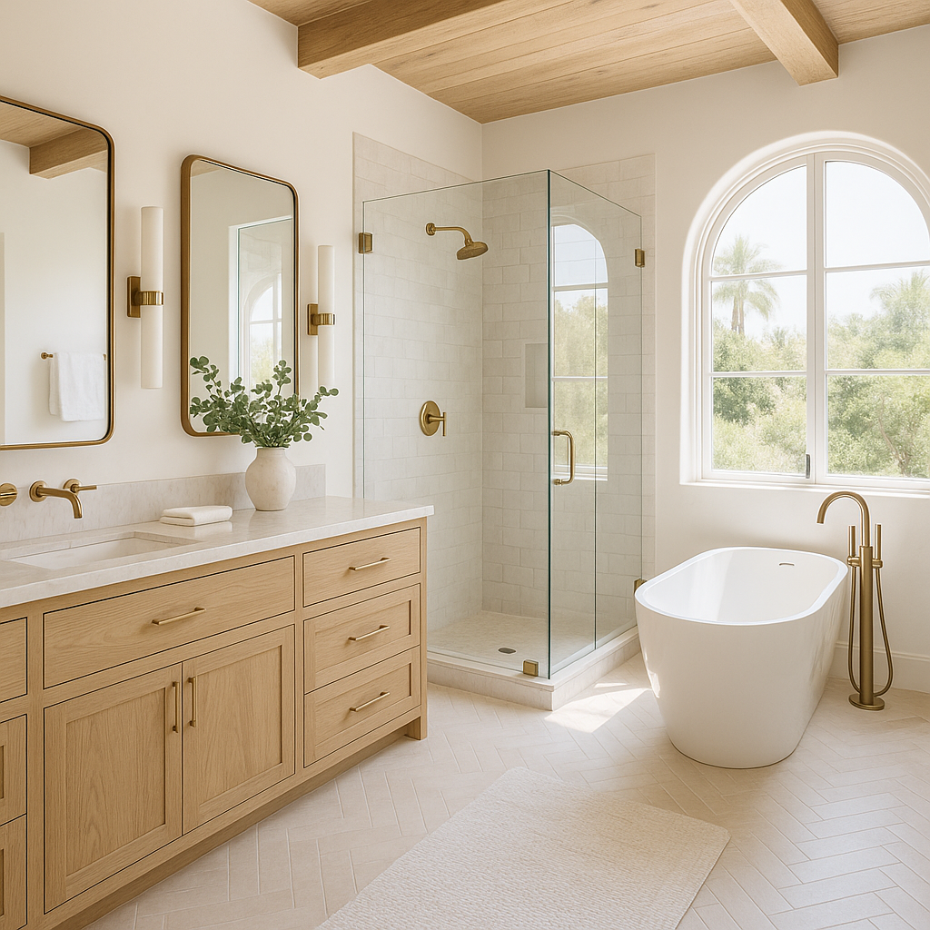Eco-friendly small bathroom remodel in Santa Monica, California, featuring reclaimed wood vanity and water-saving fixtures.