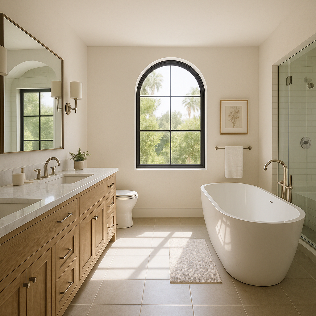 Luxurious Beverly Hills bathroom remodel with marble finishes and crystal chandelier.