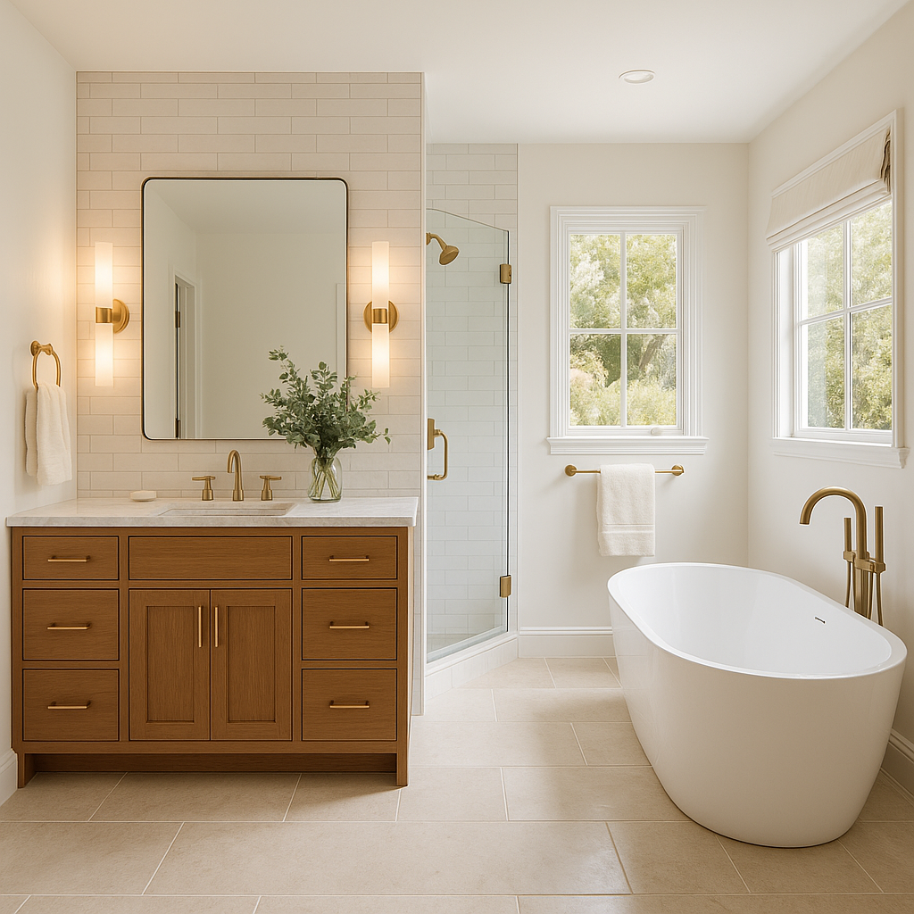 Modern Culver City bathroom remodel with space-saving pocket door and floating vanity.