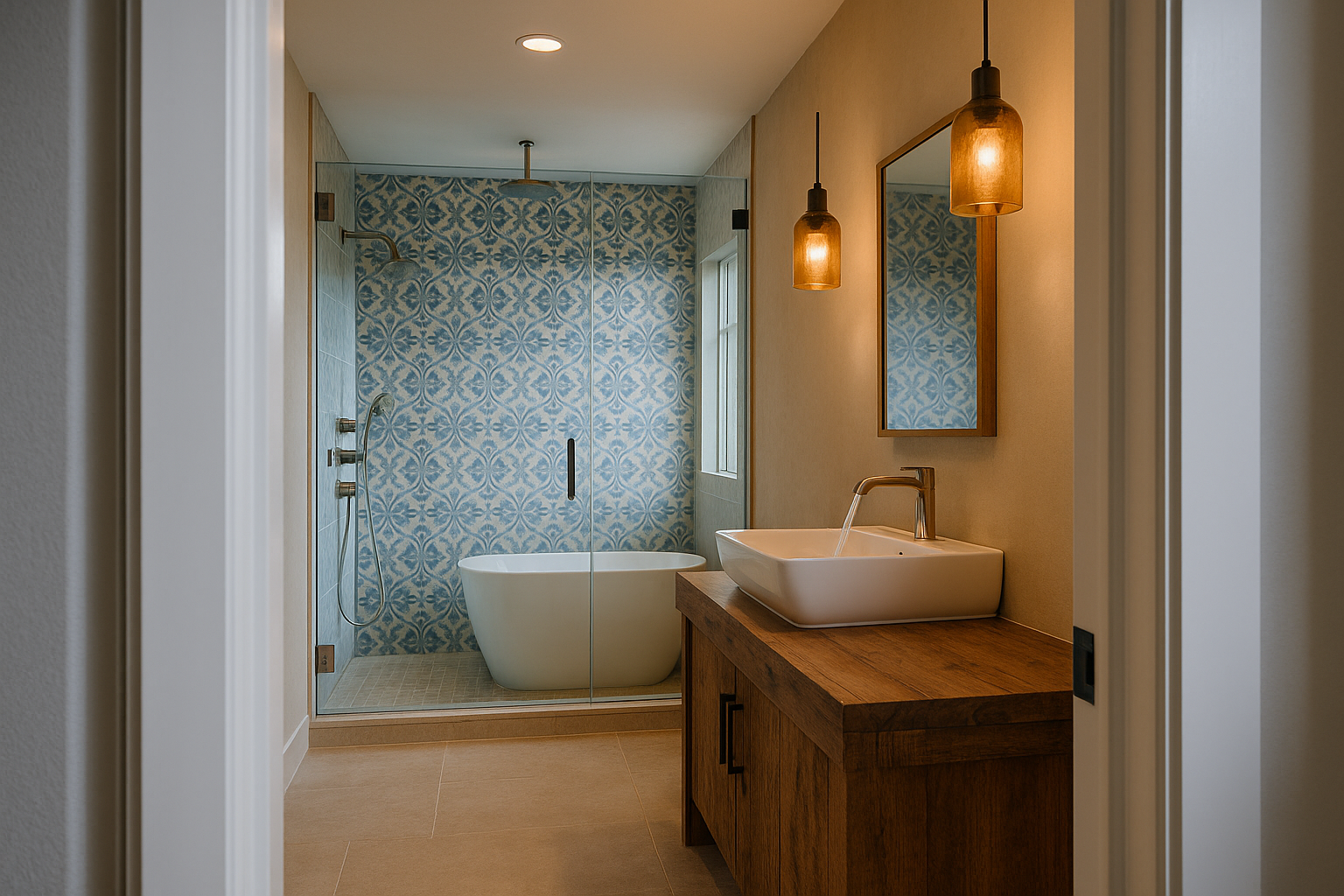 Santa Monica bathroom remodel with coastal blue tiles and modern fixtures