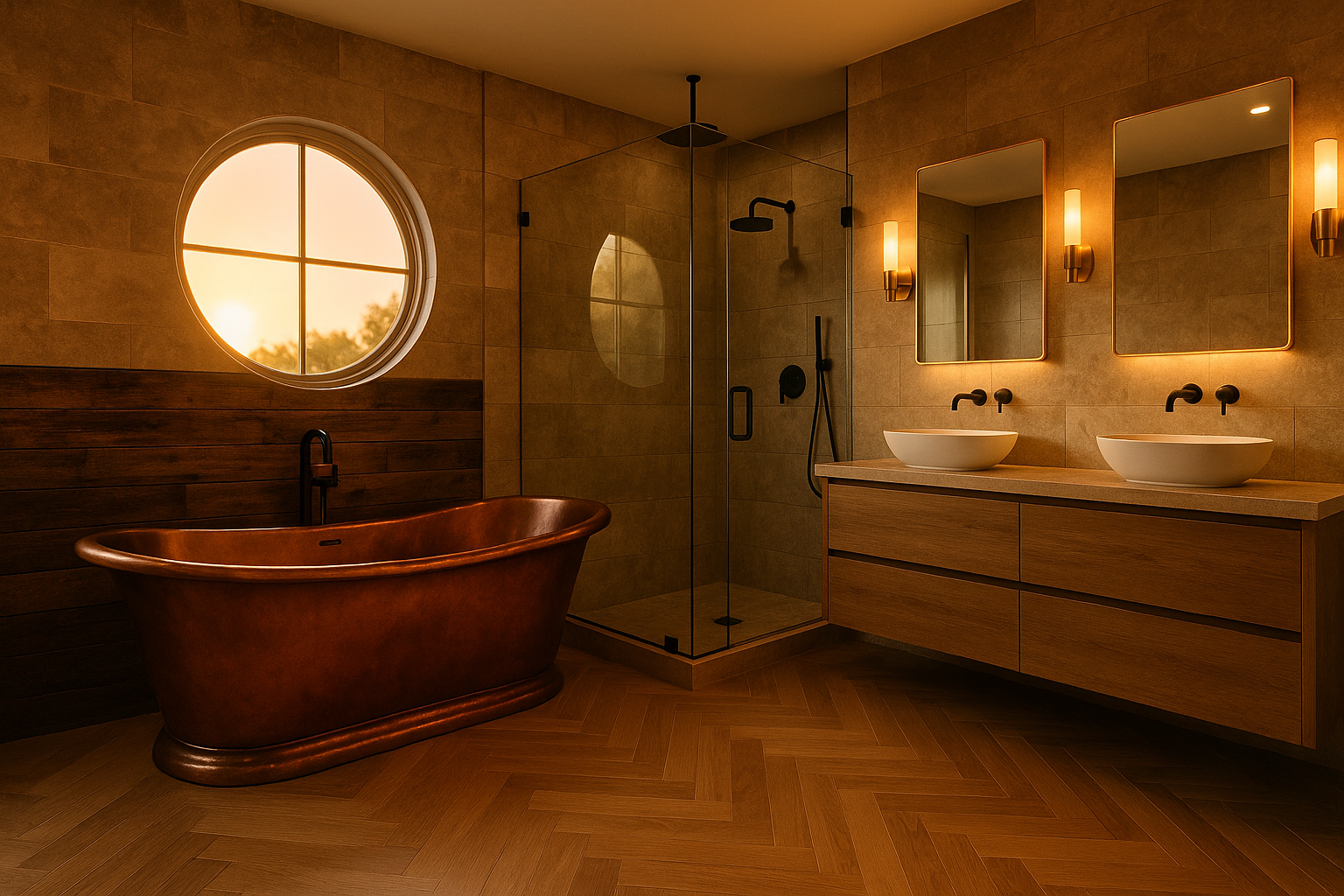 Culver City bathroom with copper tub and reclaimed wood accent wall