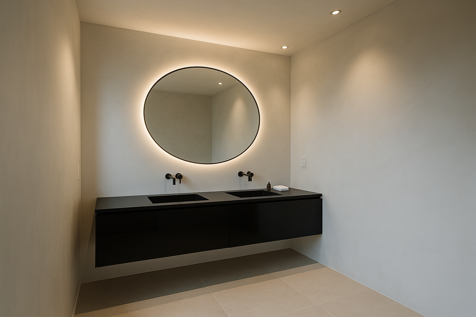 Modern Los Angeles bathroom with floating black lacquer vanity and backlit mirror