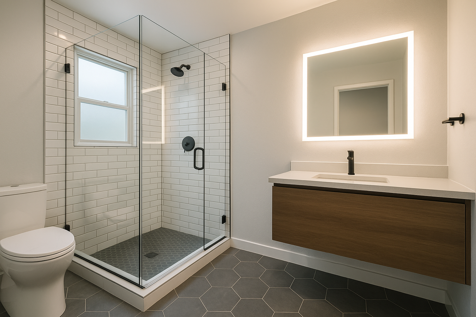 Modern midrange bathroom remodel in Santa Clarita, California, with frameless glass shower and water-efficient fixtures.