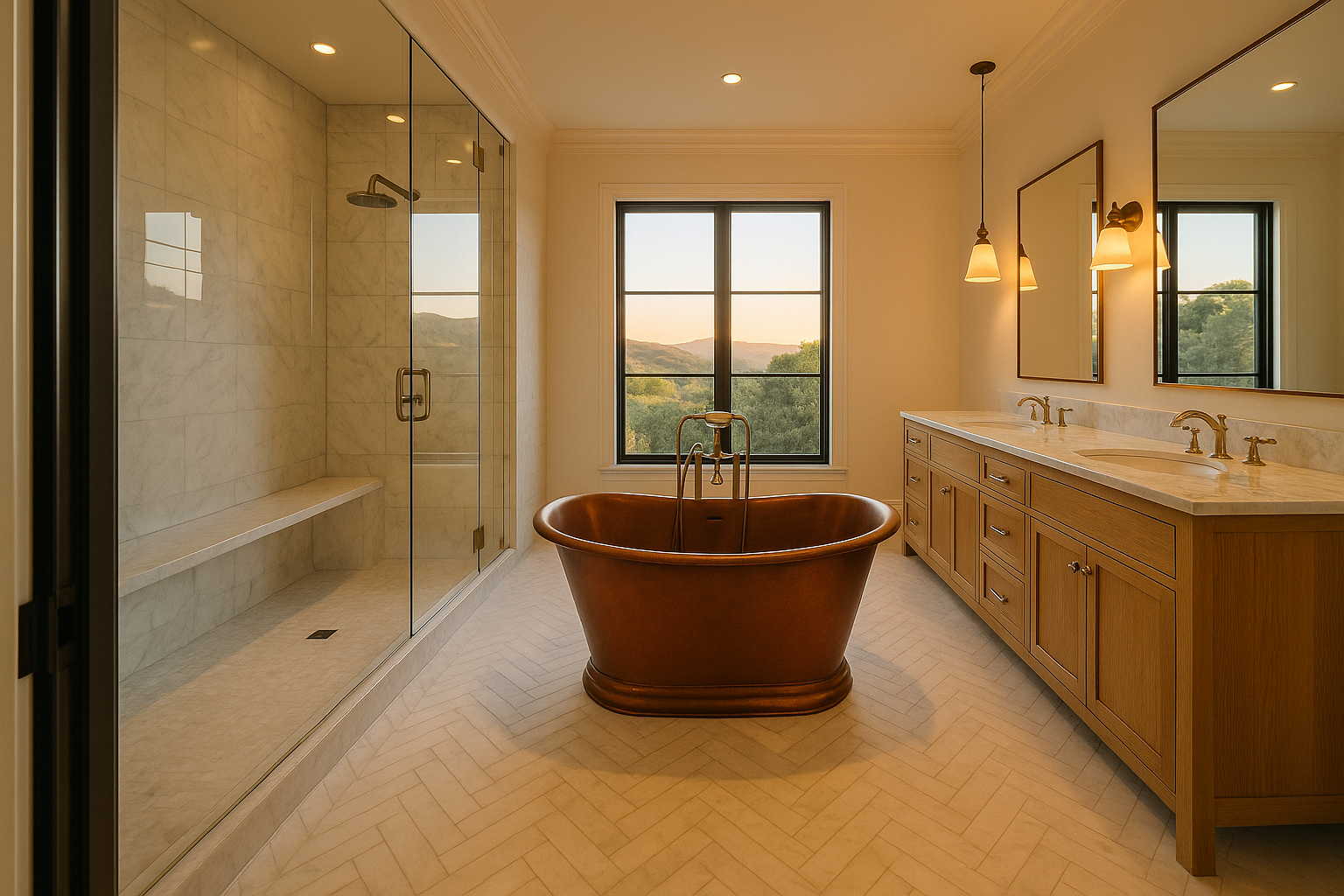 Luxury master bathroom in Santa Clarita, California, with Italian marble shower and freestanding copper bathtub.