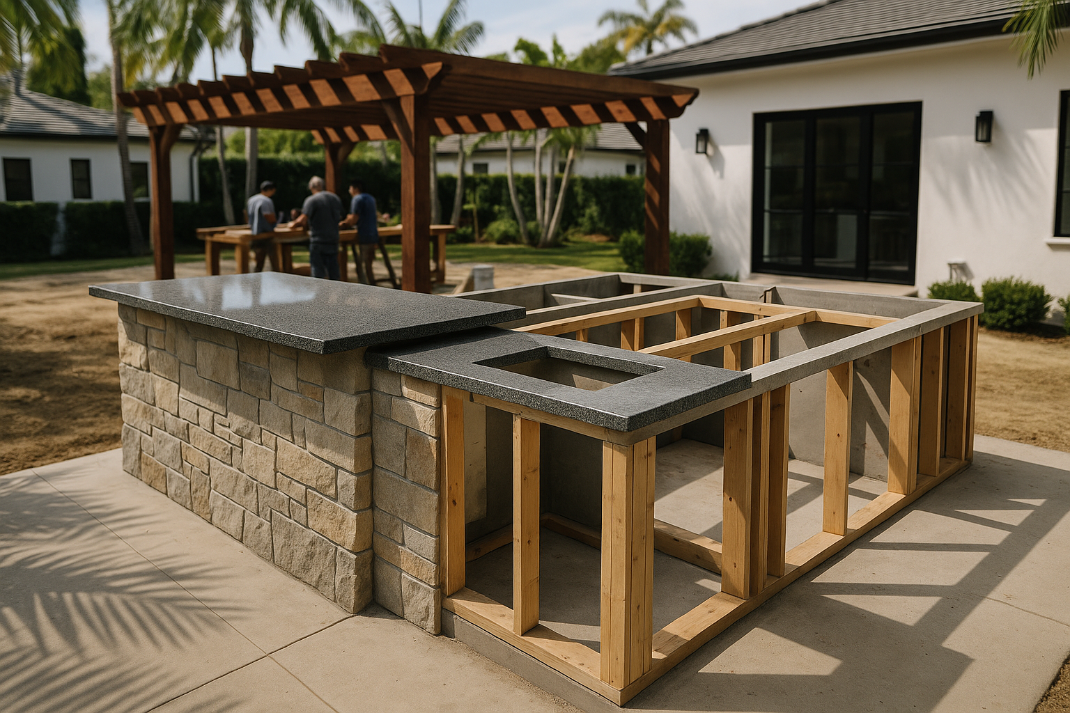 Outdoor kitchen under construction in Beverly Hills with natural stone veneer and granite countertops being installed.