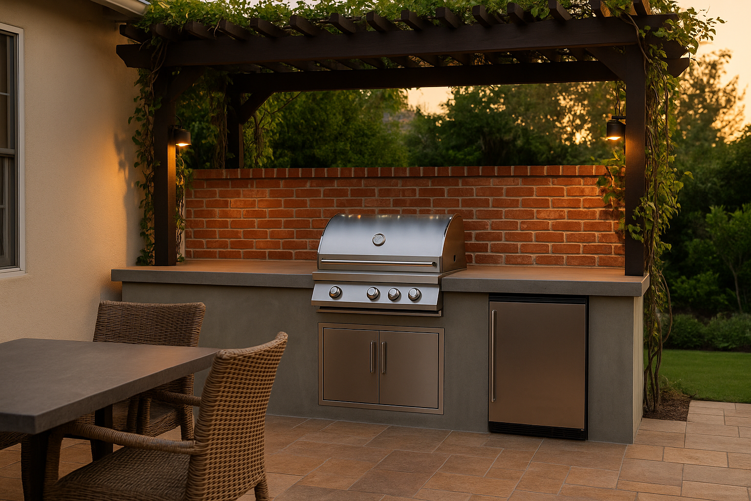Mid-range outdoor kitchen in Beverly Hills with a concrete countertop, stainless steel grill, and brick backsplash under a pergola.