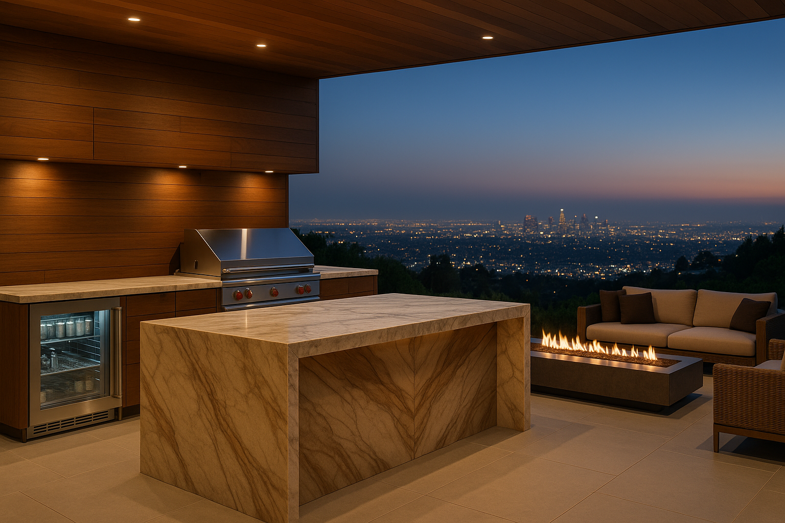 High-end outdoor kitchen in Beverly Hills with premium appliances, Italian marble island, and panoramic Los Angeles views at twilight.