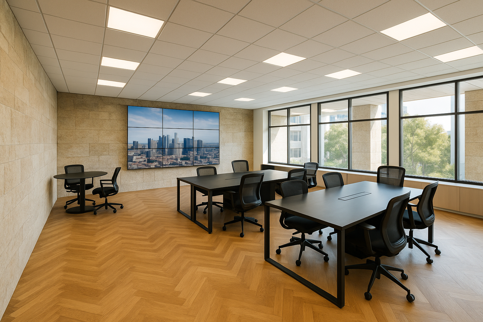 Modern office interior renovation with upgraded lighting systems in San Jose, California.
