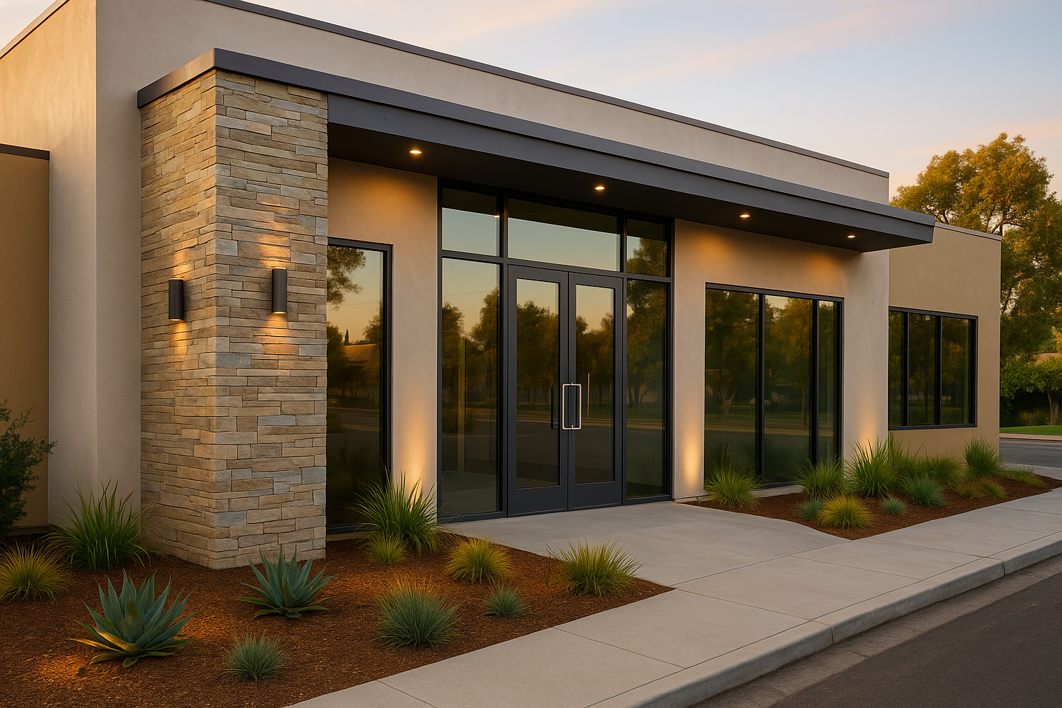 Exterior improvements on a commercial building facade in San Jose, California, with modern landscaping and stone cladding.