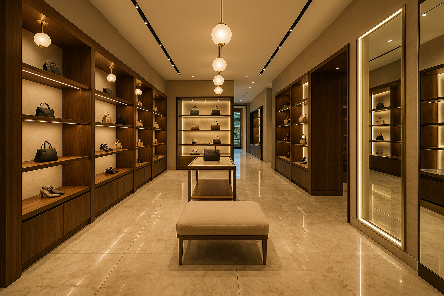 Luxury retail store interior remodel in San Jose, California, with Italian marble flooring and brass accents.