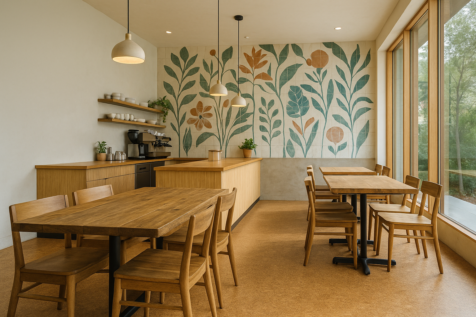 Modern café interior in Santa Monica featuring sustainable materials and artistic design.