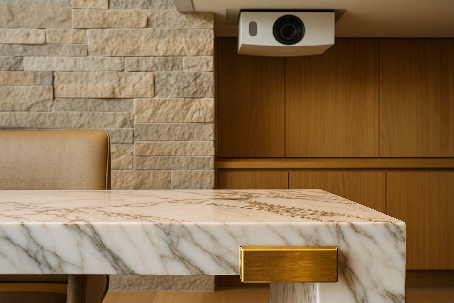 High-end materials in a Santa Monica conference room remodel, featuring Calacatta marble and brass.