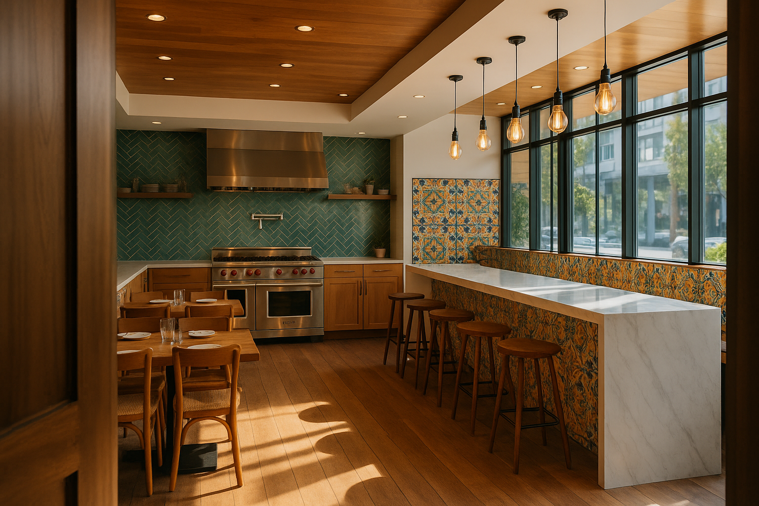 Energy-efficient Santa Monica restaurant remodel with open kitchen concept and luxurious finishes.