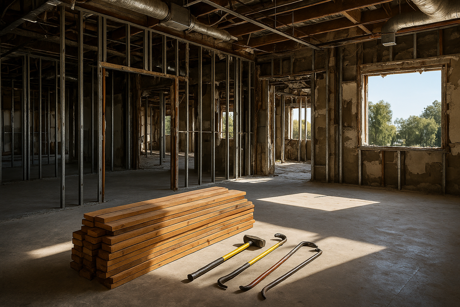 Demolition phase of a commercial remodeling project in Ventura, California, with exposed steel framing and reclaimed materials.