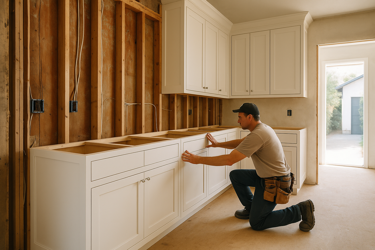 Kitchen remodel in progress in Santa Monica, California, showing a contractor installing custom maple wood cabinetry.