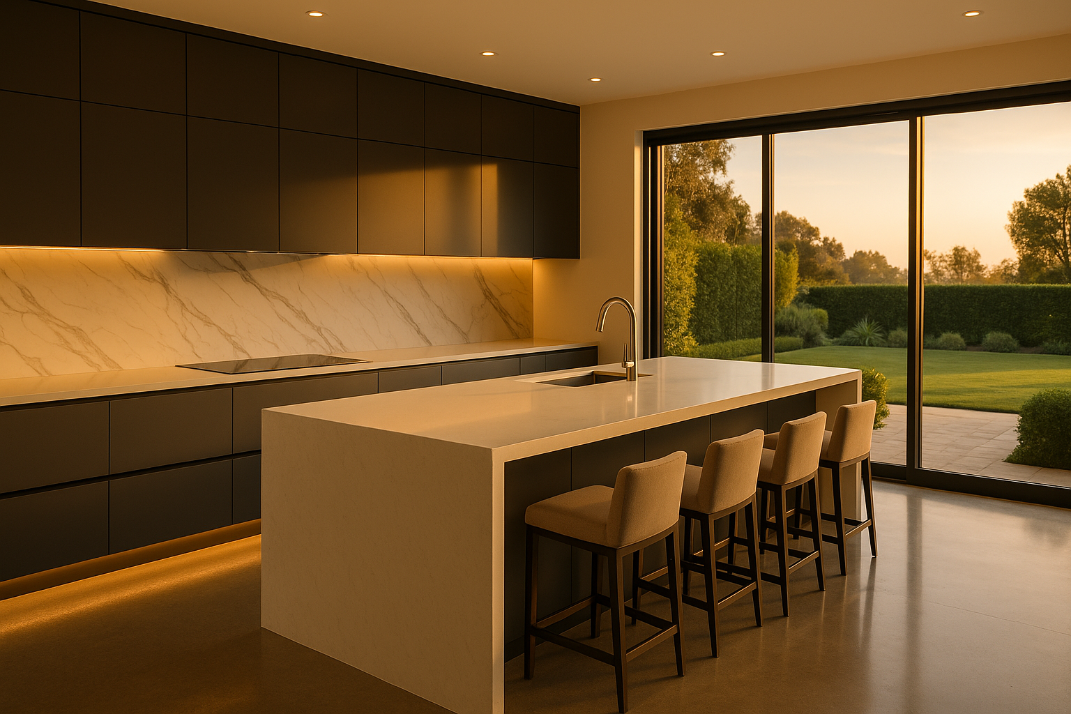 Luxury kitchen remodel in Beverly Hills with a quartz waterfall island, European-style cabinets, and Wolf induction cooktop.