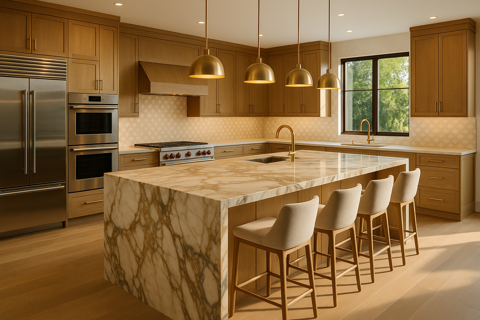 Luxury Beverly Hills kitchen remodel with Calacatta Macchia Vecchia marble island and custom white oak cabinetry designed by a top contractor.