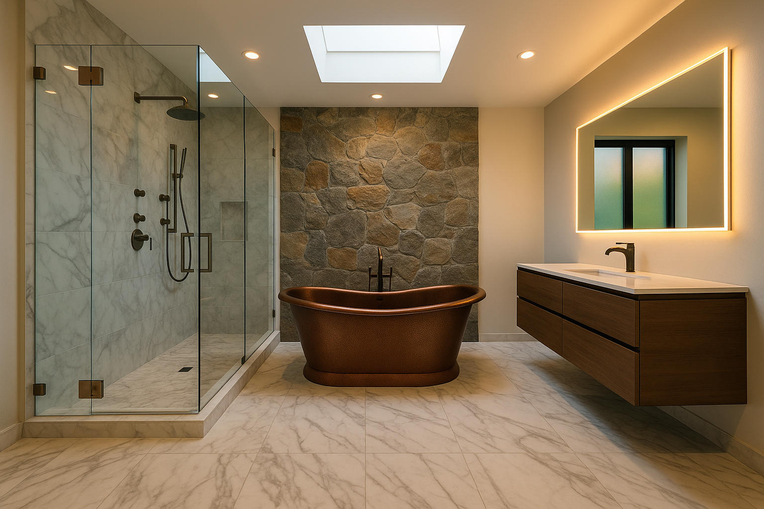 Spa-inspired Beverly Hills bathroom remodel with copper tub and rainfall shower designed by a high-end contractor.