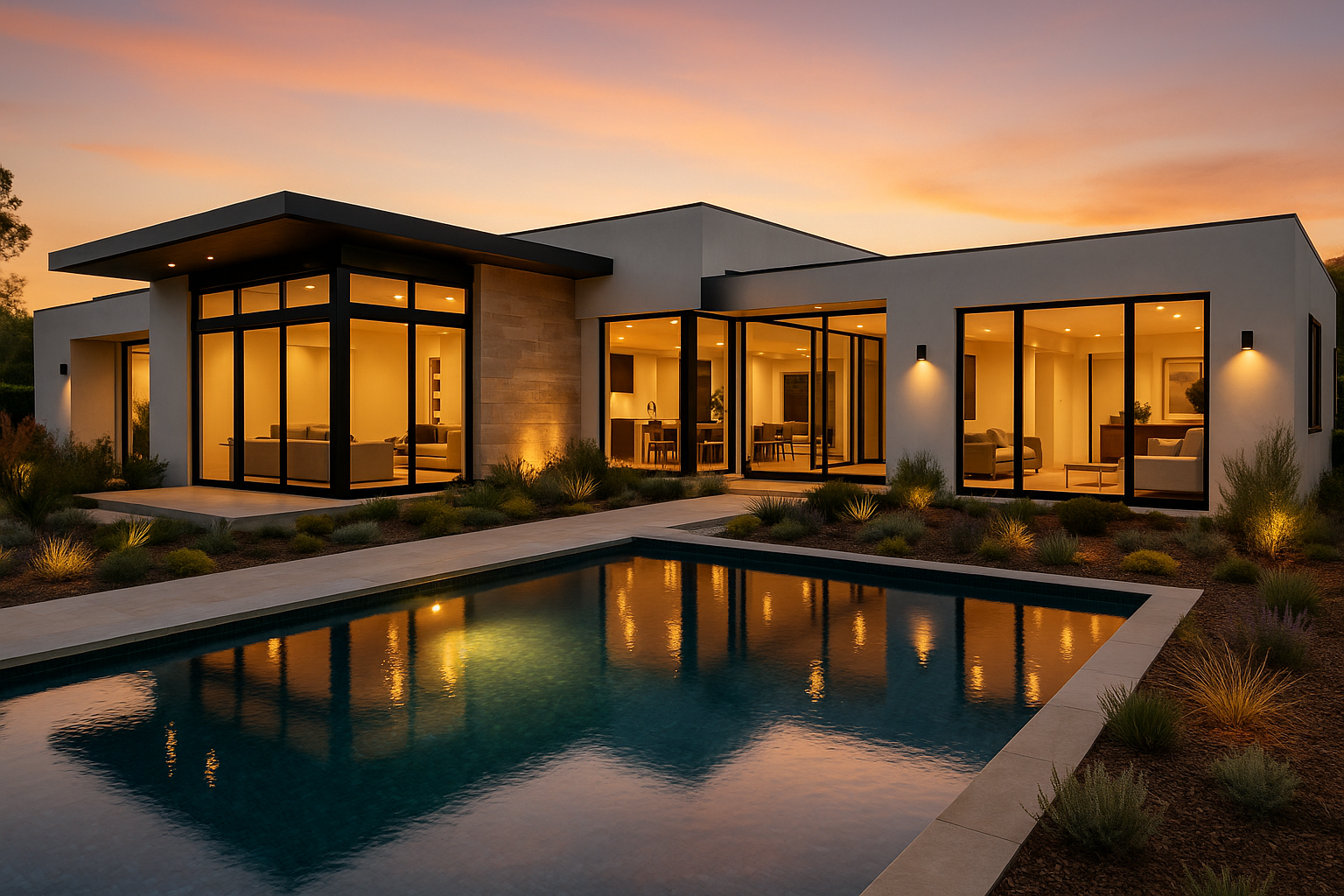 Modern Beverly Hills home exterior with infinity pool and California native landscaping designed by a luxury contractor.