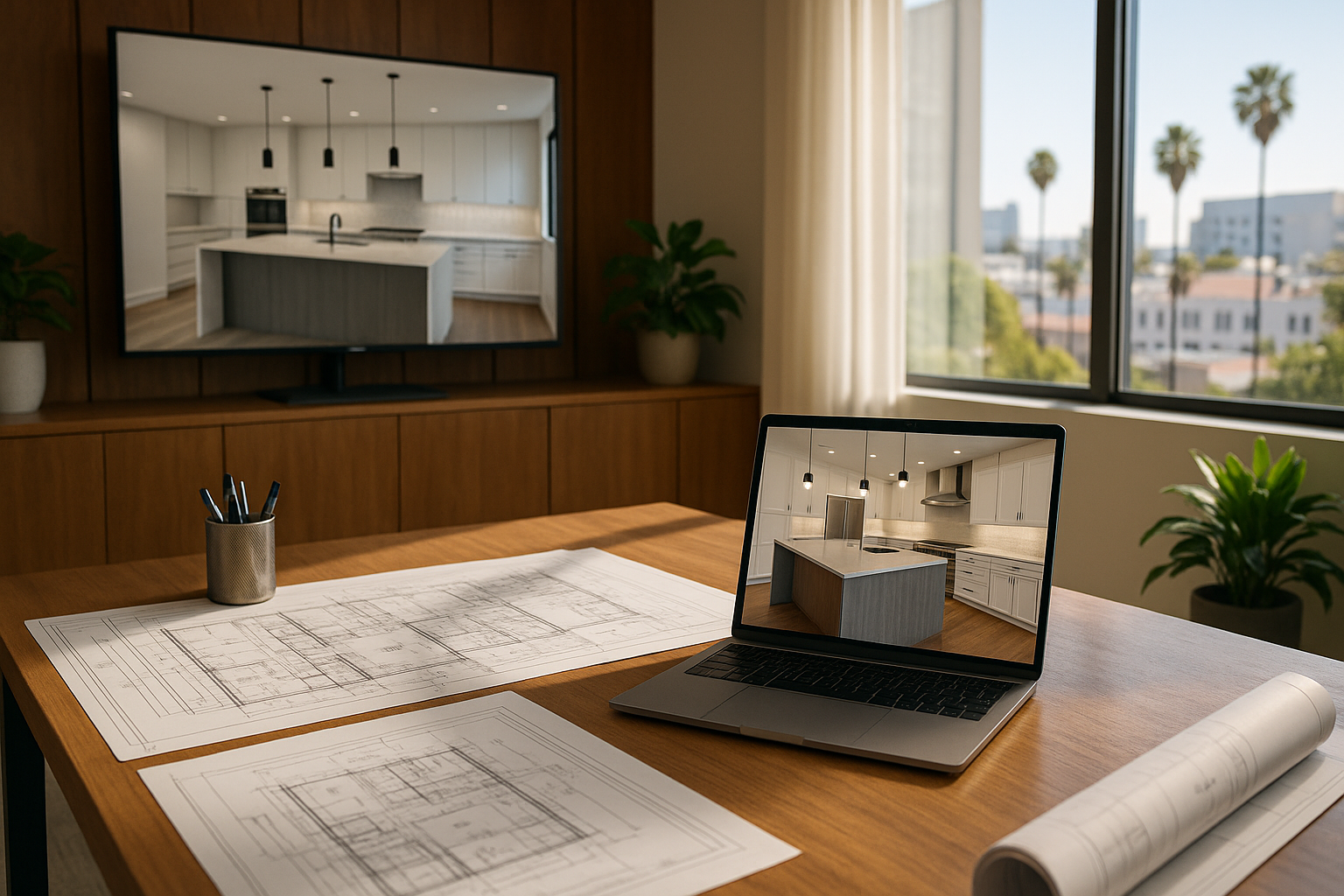 Modern coastal kitchen design in Santa Monica with quartz countertops, gray cabinetry, and a farmhouse sink overlooking the ocean.