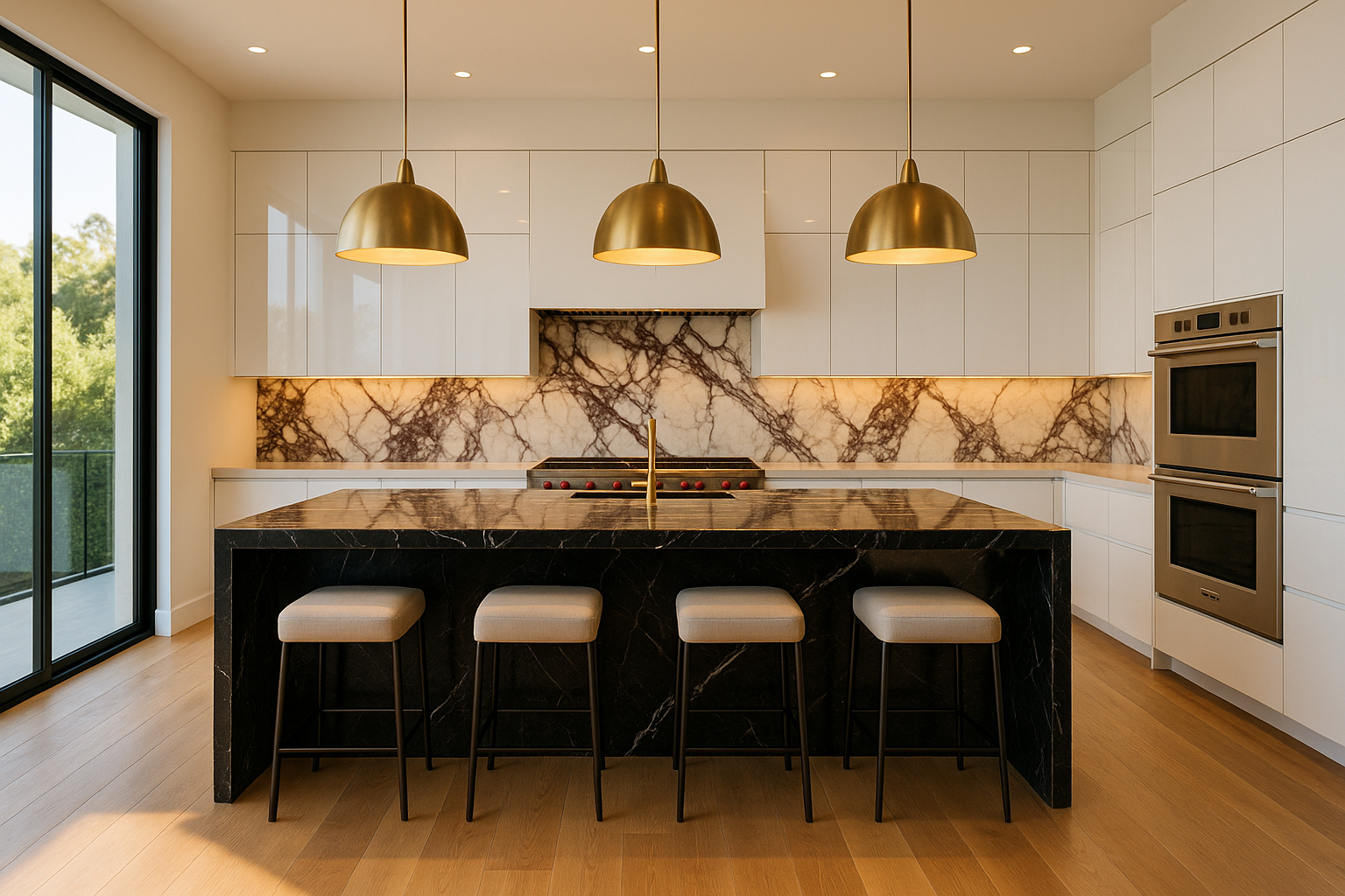 High-end Beverly Hills kitchen with black Marquina marble island, Calacatta Viola backsplash, and luxury appliances.
