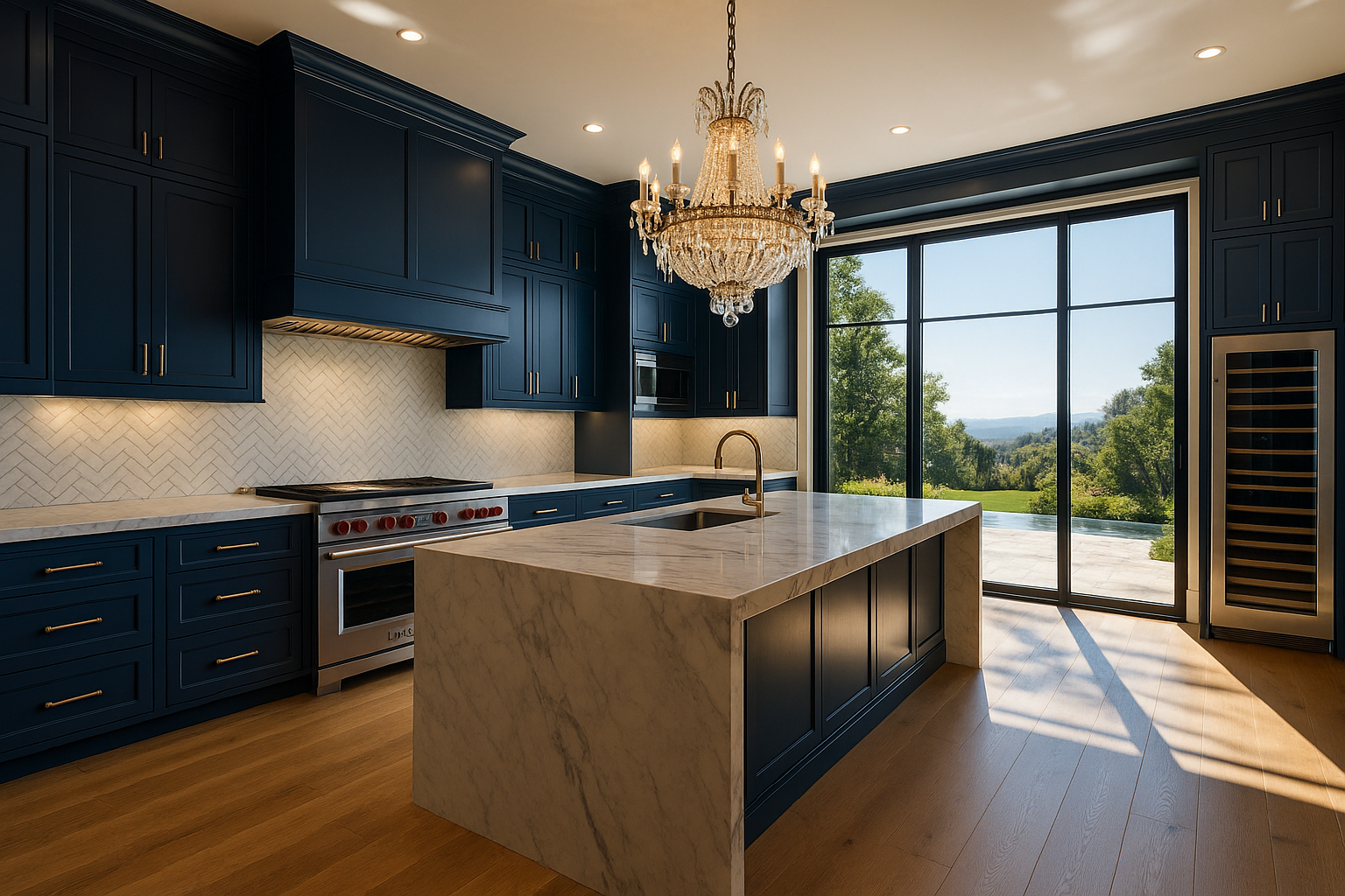 Luxurious kitchen remodel in Los Angeles with navy blue cabinets, marble countertops, and high-end appliances.