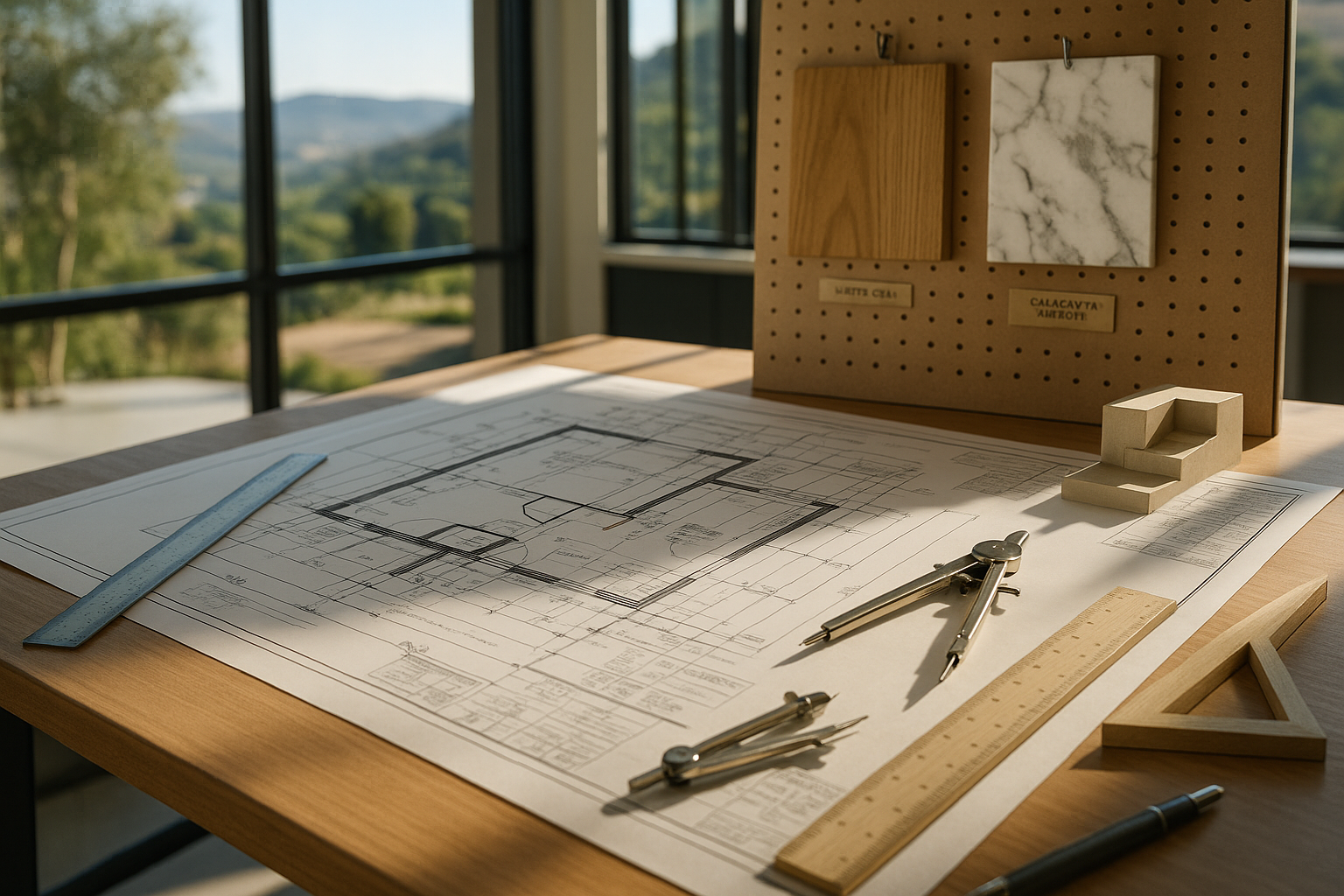 Architectural blueprints for a room addition project in Ventura County, California, displayed on a drafting table with high-end material samples.