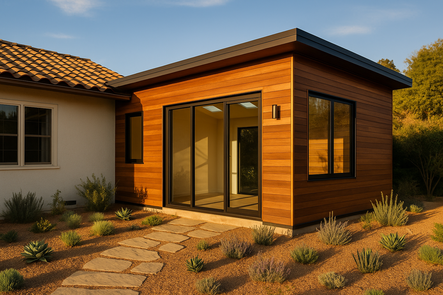 Exterior view of a modern room addition in Ventura County, California, featuring cedar cladding and native drought-resistant landscaping.