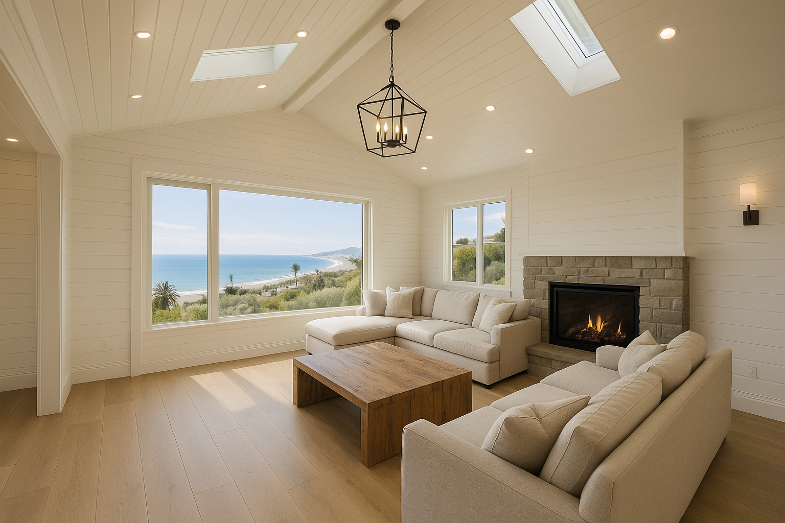 Interior of a coastal-inspired family room addition in Ventura County, California, with high ceilings and panoramic ocean views.