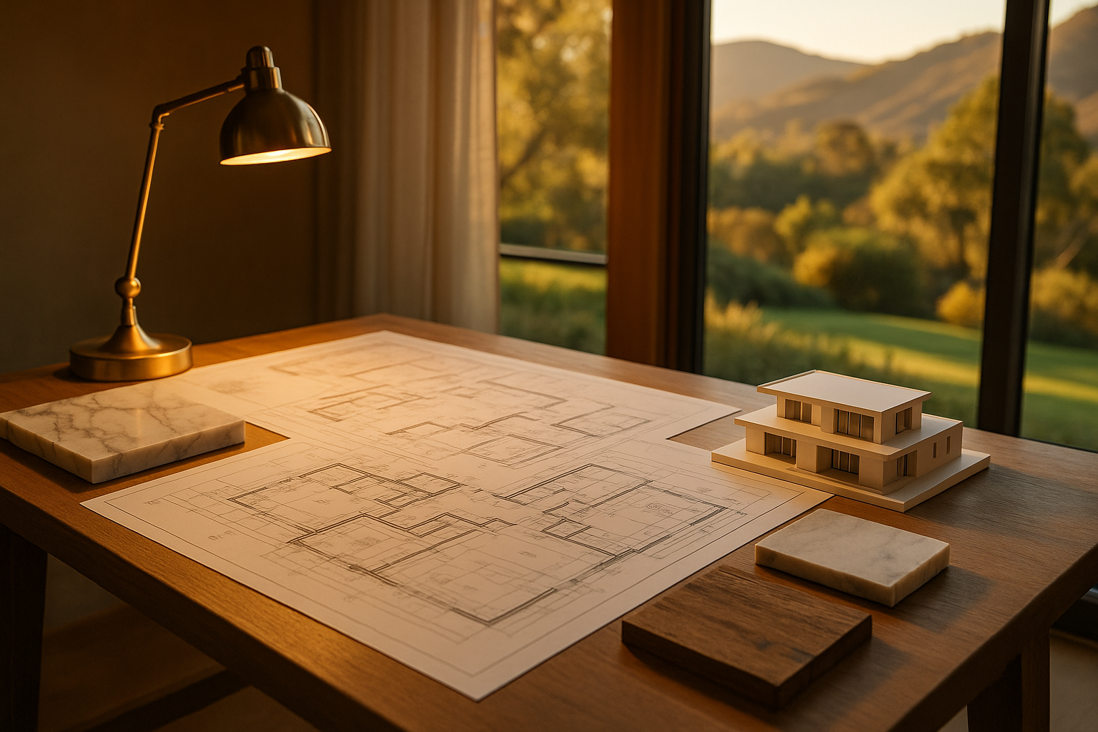 Architect's workspace in Agoura Hills, California, with blueprints and material samples