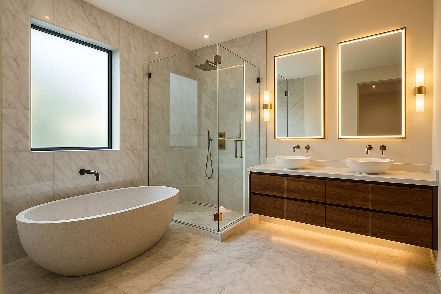 Serene primary bathroom with a freestanding stone tub, Carrara marble feature wall, and floating walnut vanity in Studio City, California.