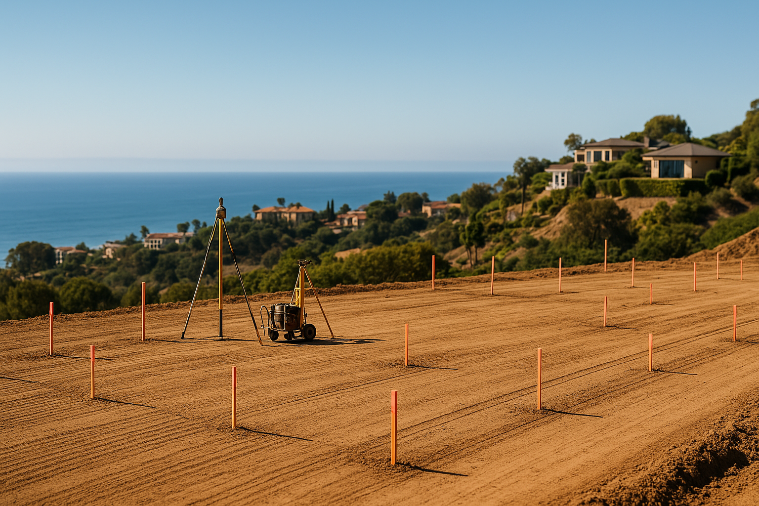 Hillside lot preparation for a custom-built home in Ventura, California, with ocean views in the background.