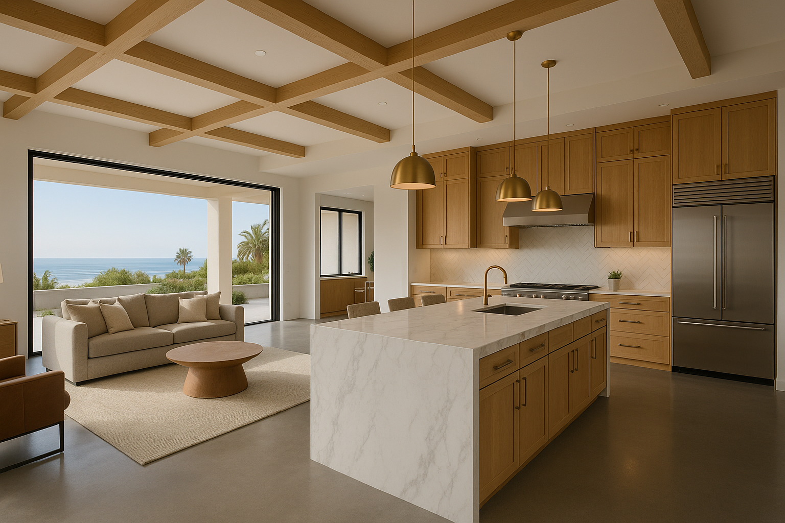 Open-concept custom home interior in Ventura, California, with high-end kitchen and panoramic ocean views.