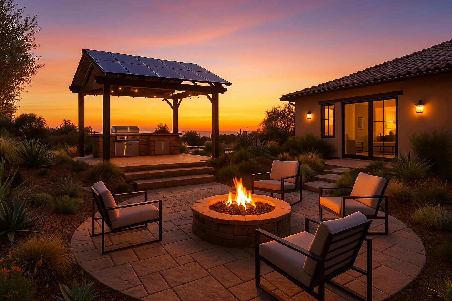 Custom home outdoor space in Ventura, California, with a tiered patio, fire pit, and solar-integrated pergola.