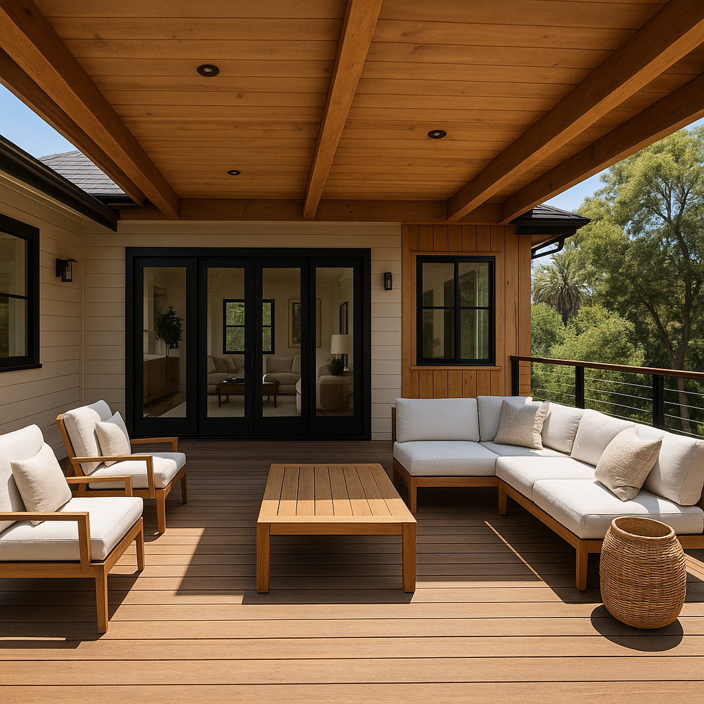 Multi-level, pressure-treated wood deck with custom benches, pergola, and fire pit in a Calabasas backyard.