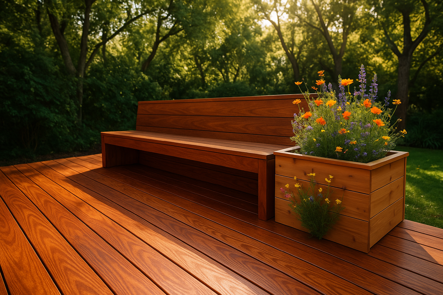 Close-up of a redwood deck in a Santa Monica backyard with built-in bench and cedar planter box filled with wildflowers.