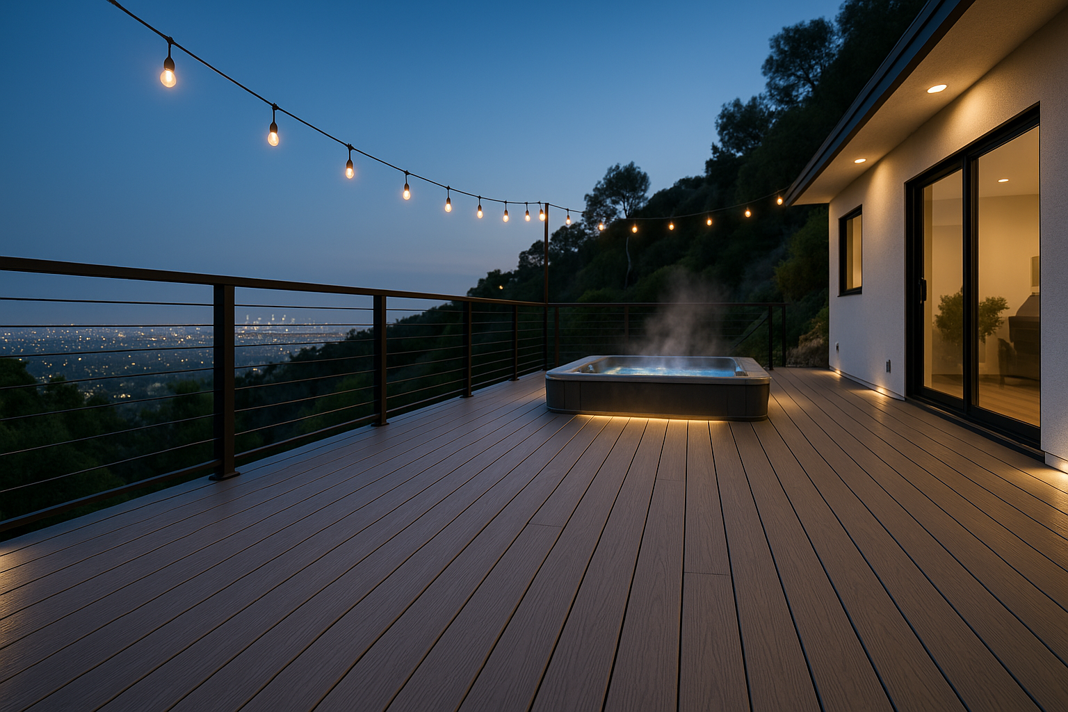 Modern composite deck in a Los Angeles hillside home with built-in hot tub, black aluminum railings, and city skyline views.