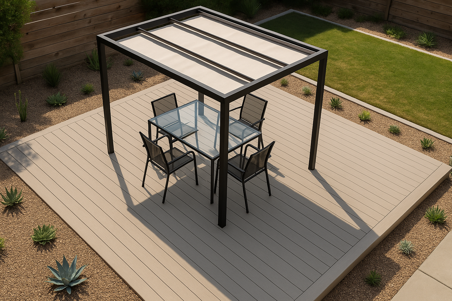 Bird's-eye view of a minimalist plastic deck in a Culver City backyard with a freestanding pergola and low-maintenance succulent garden.